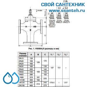 10259 Honeywell, V5050A1181 Клапан трехходовой линейный смесительный фланцевый, PN25, DN50, Kvs 40.0, 20мм, 2…220 °C